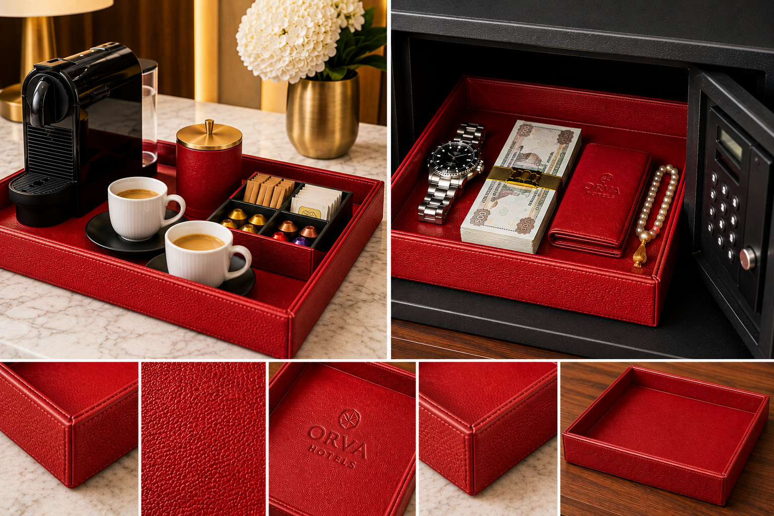 ORVA coffee station and safe tray in red for cruise ship staterooms