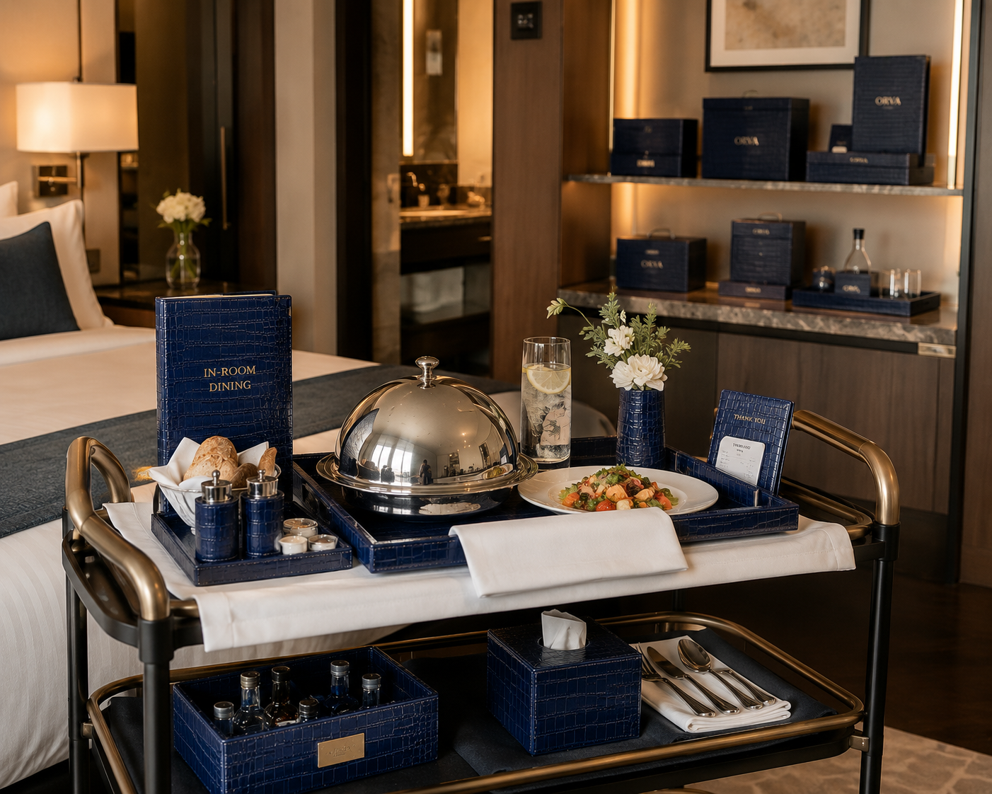 ORVA accessories styled in a luxury hotel guest room