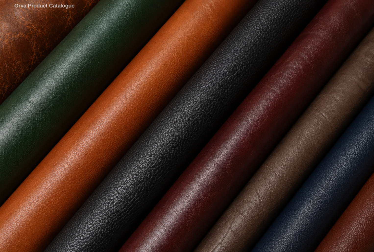 ORVA leather colour range showing brown, green, tan, black, burgundy, olive and navy swatches