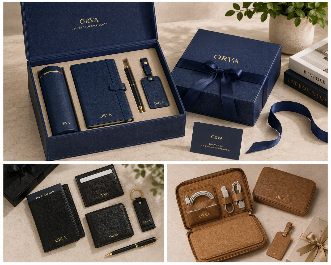 ORVA corporate gifting collection in navy — presentation gift box with flask, notebook, pen, luggage tag, passport holder, cardholder, keyring and tech organiser