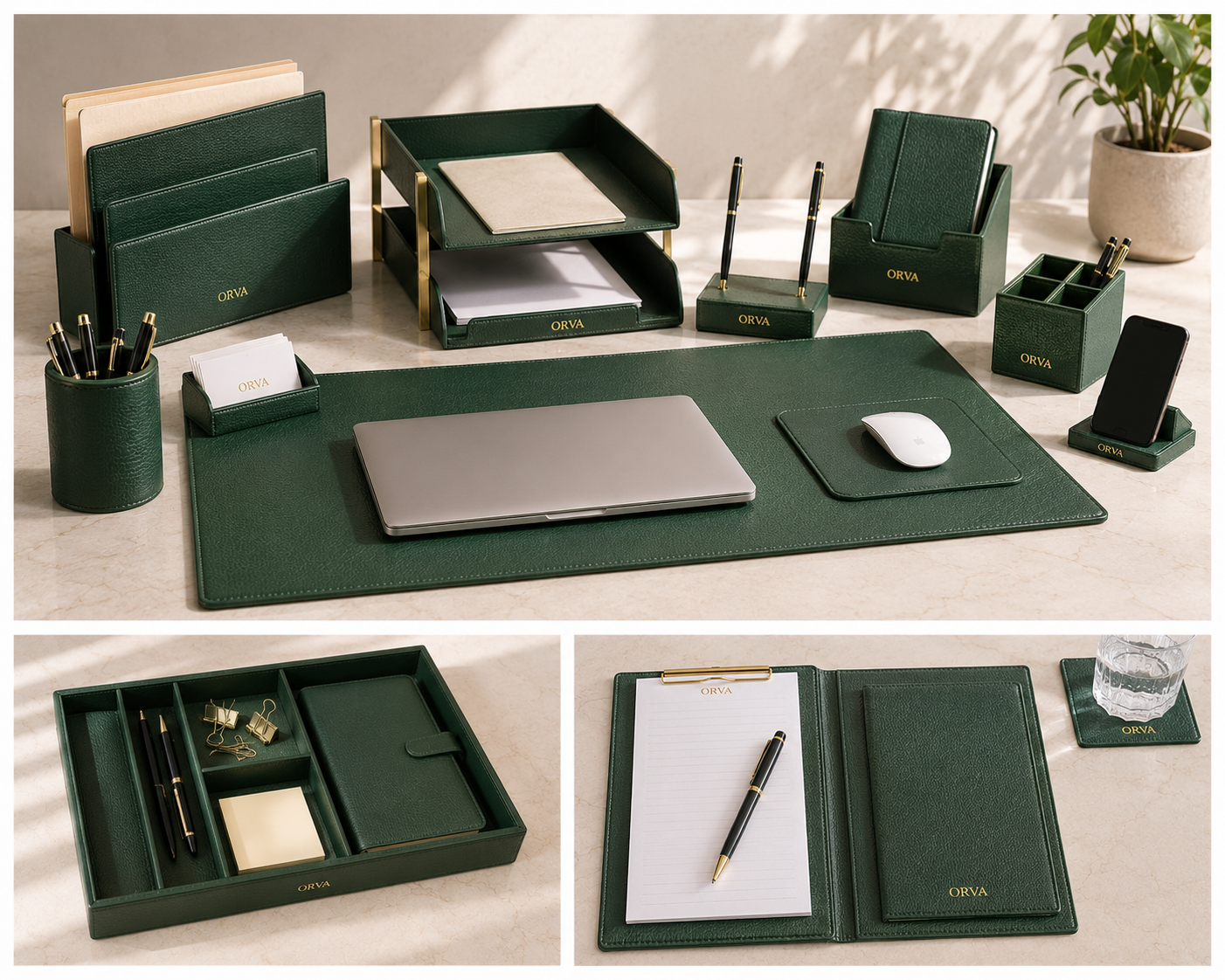 ORVA executive desk set in forest green — desk mat, paper tray, pen holder, phone stand, business card holder, stationery organiser and clipboard folder