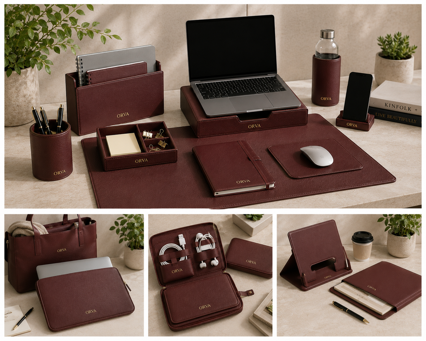 ORVA burgundy flexible working collection — desk mat, laptop stand, pen holder, stationery organiser, laptop sleeve, tech organiser and tablet stand