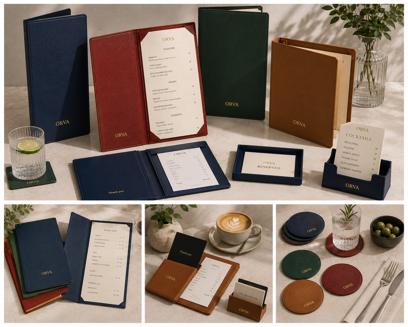 ORVA hospitality collection — food menus, wine lists, bill folders, reserved signs, coasters and cocktail menus in navy, green, burgundy and tan