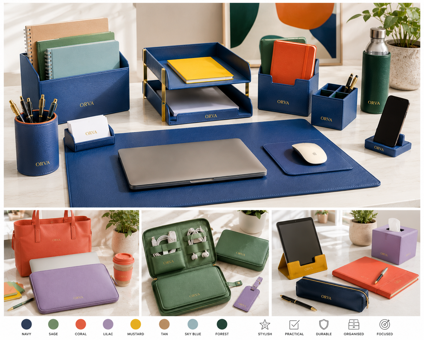 ORVA office collection — burgundy desk mat, laptop stand, pen holder, stationery organiser, laptop sleeve, tech organiser and tablet stand