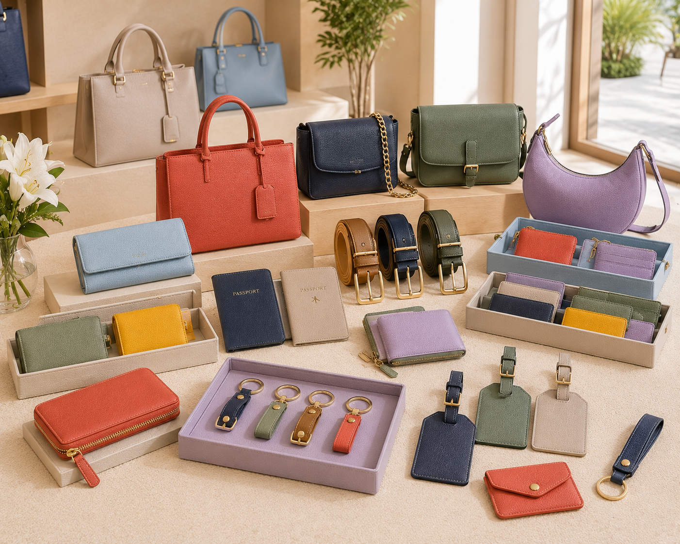 ORVA retail collection — tote bags, bucket bags, crossbody bags, wallets, coin purses, keyrings, luggage tags, jewellery cases and watch rolls in multiple colours