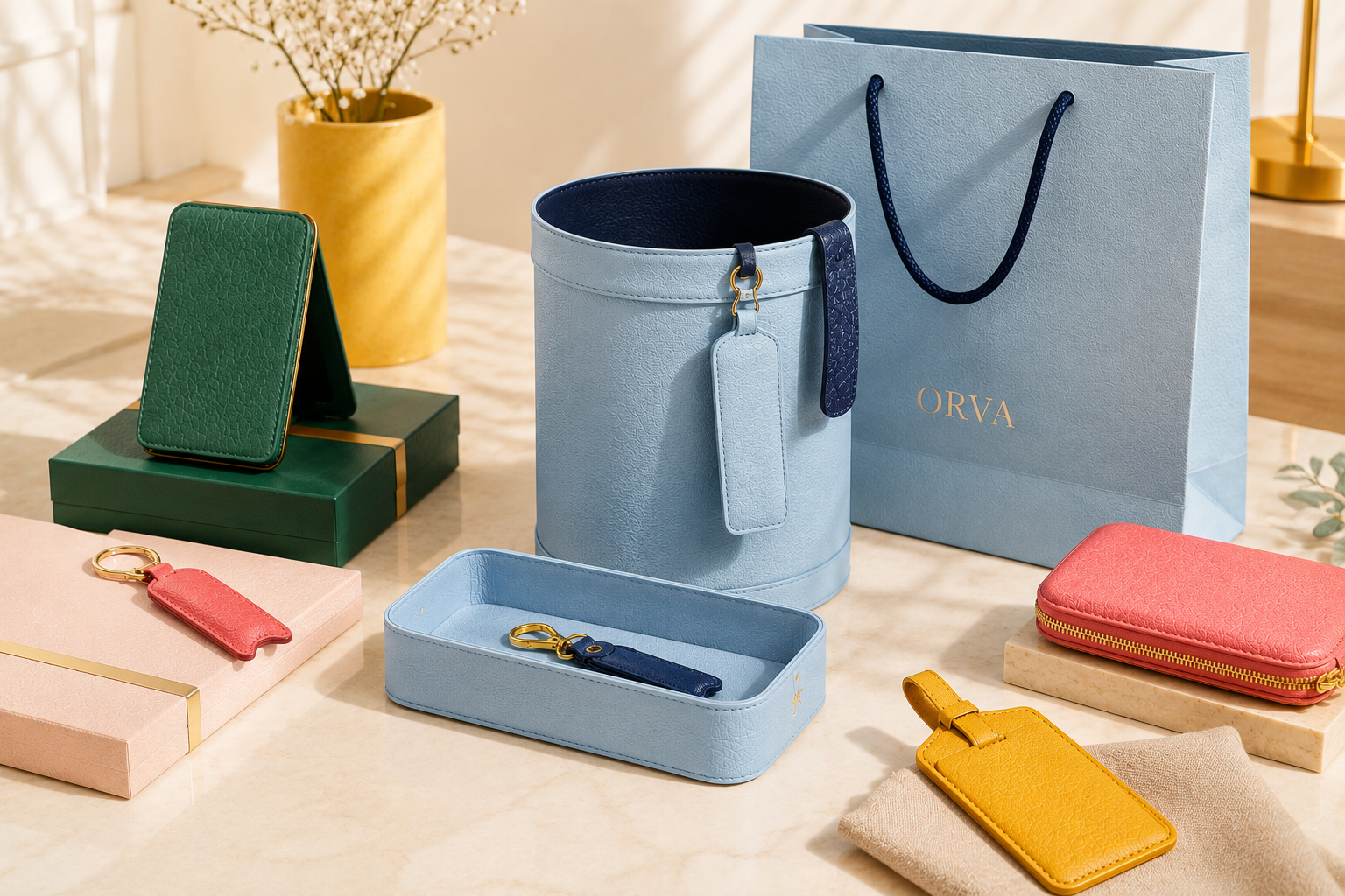 ORVA colourful accessories — blue bucket bag, green phone stand, coral keyring, yellow luggage tag and blue tray