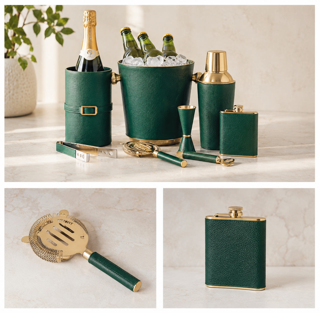ORVA green leather bar set — champagne cooler, ice bucket, cocktail shaker, jigger, flask and bar tools with gold accents