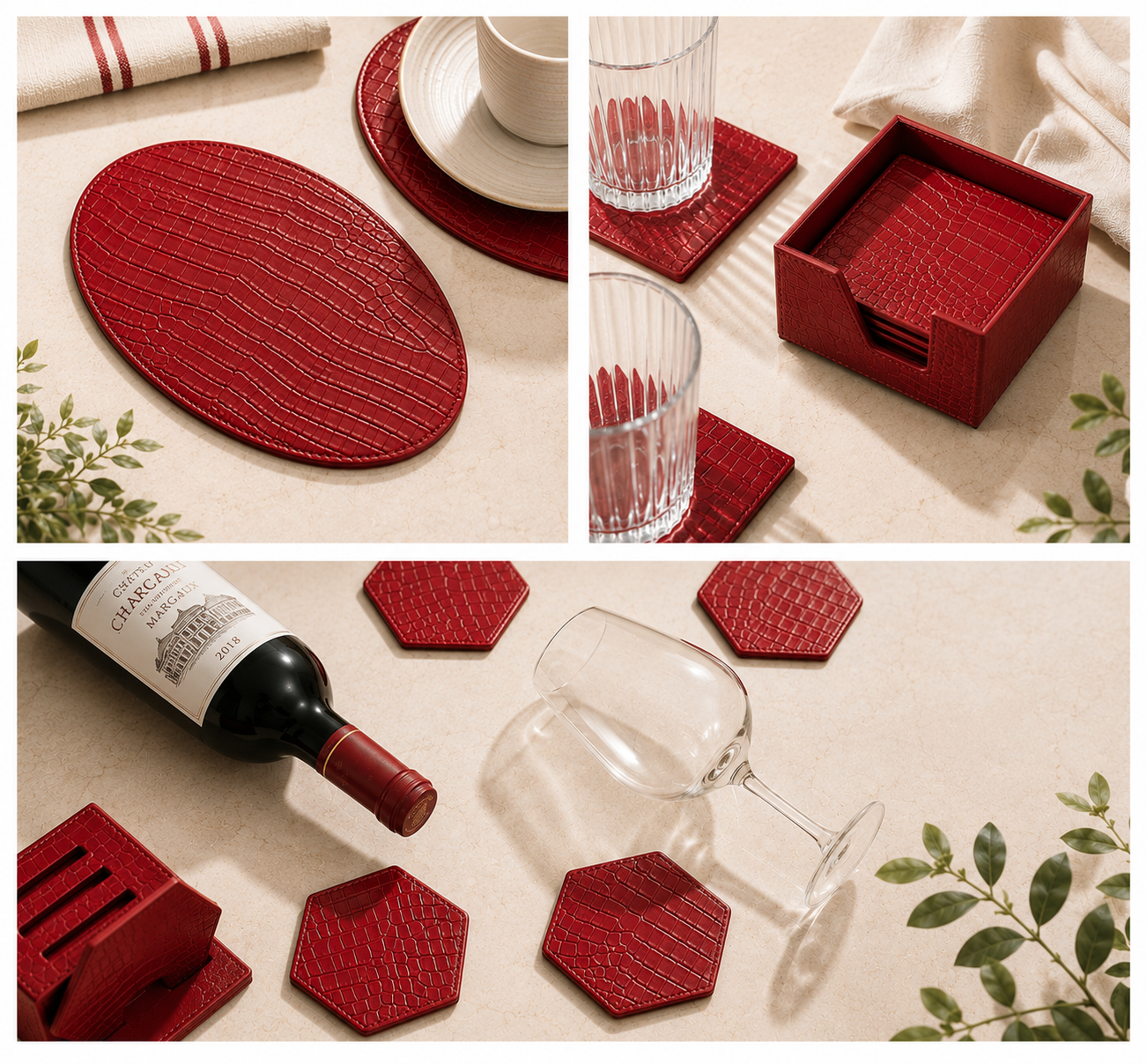 ORVA red croc-textured leather coasters, placemats and holder set styled with wine and glassware