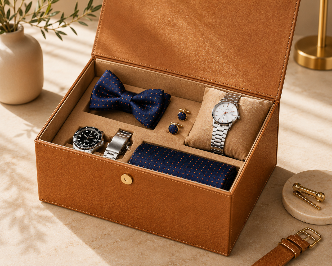 ORVA tan leather gift box with watches, bow tie, cufflinks and pocket square