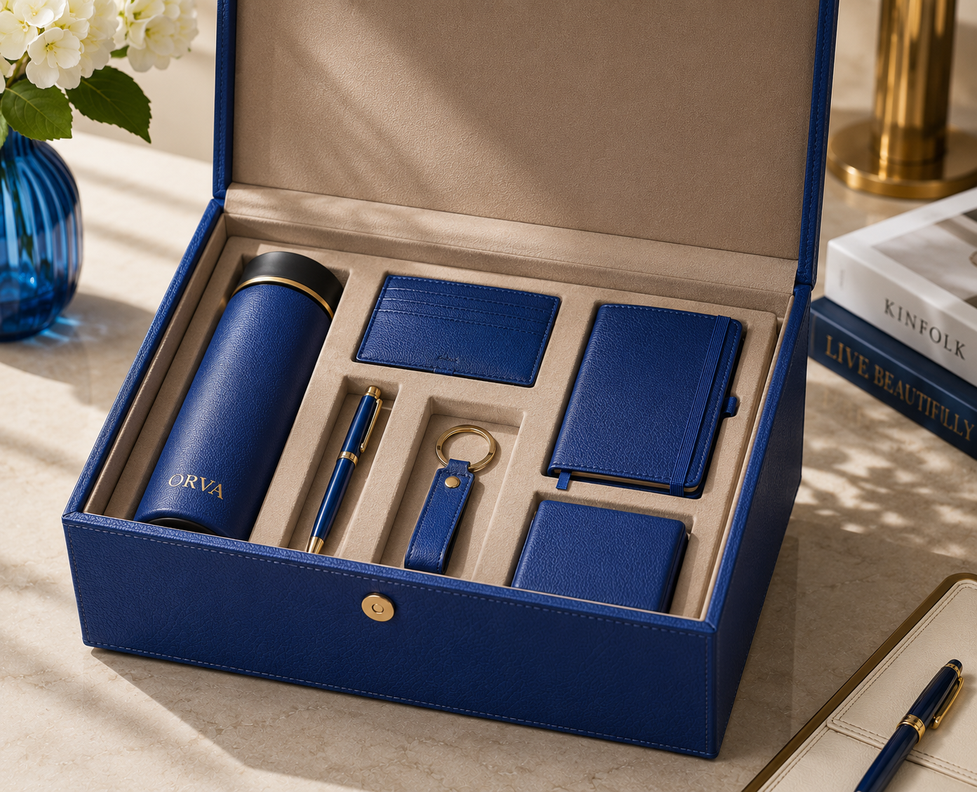 ORVA navy blue gift box with flask, cardholder, pen, keyring and notebook