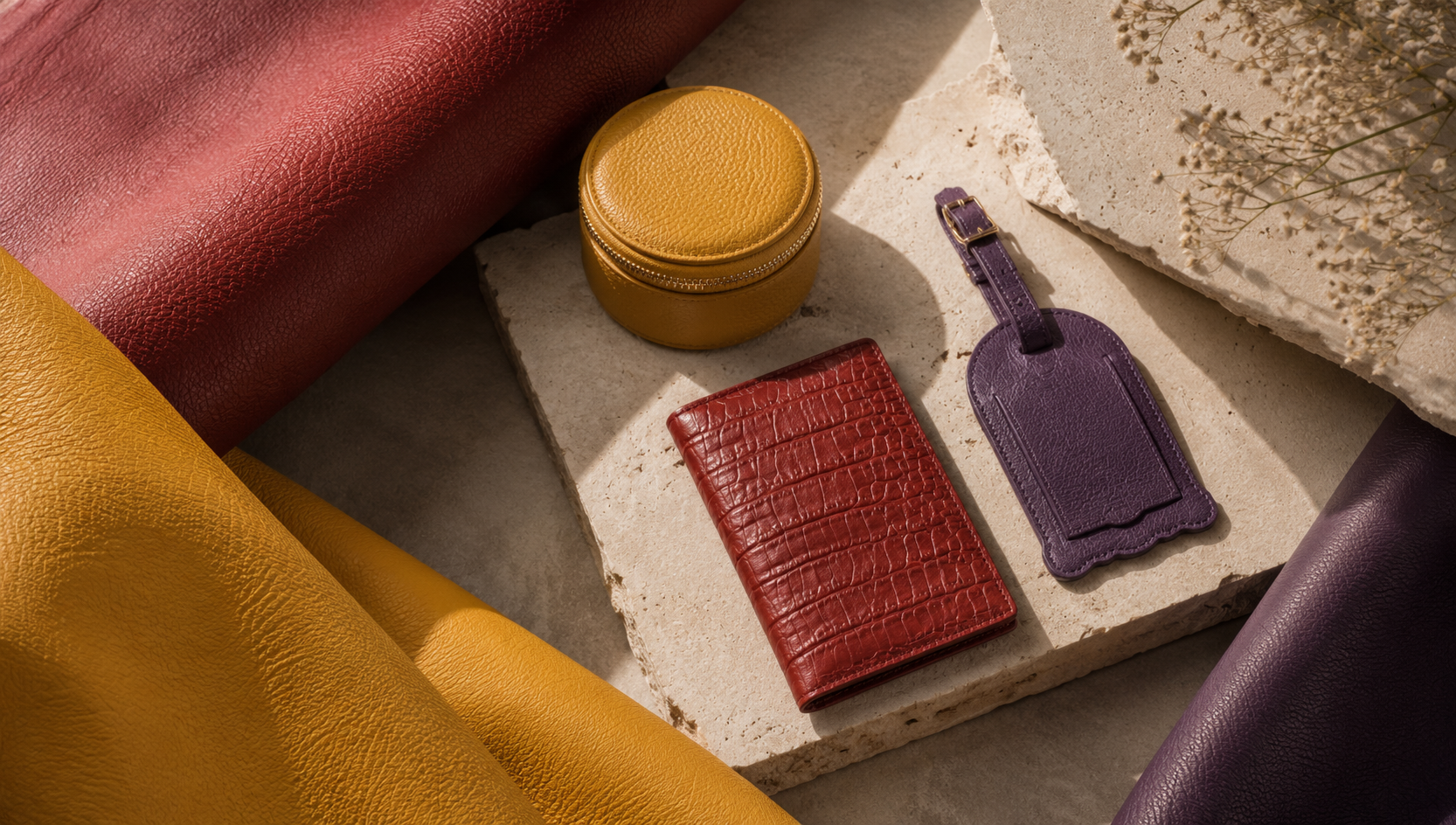 ORVA plant-based leather retail accessories — jewellery case, passport holder, luggage tag. B2B wholesale and private-label supply for retailers across Middle East, GCC, Europe, Africa and UK